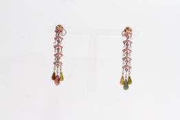 18RG Pink Sapphire, Diamond and Quartz long drop oriental style earrings with large balancing