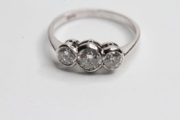 18WG collet set 3 stone diamond ring TDW Est 0.85cts size M1/2