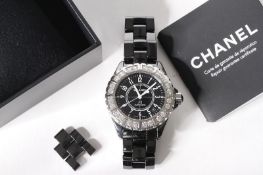 CHANEL J12 CERAMIC WITH RARE FACTORY LARGE DIAMOND BEZEL WITH BOX AND SERVICE PAPERS, circular gloss