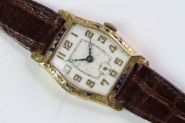 Art Deco 18ct enamel bezel watch, Tonneau shape