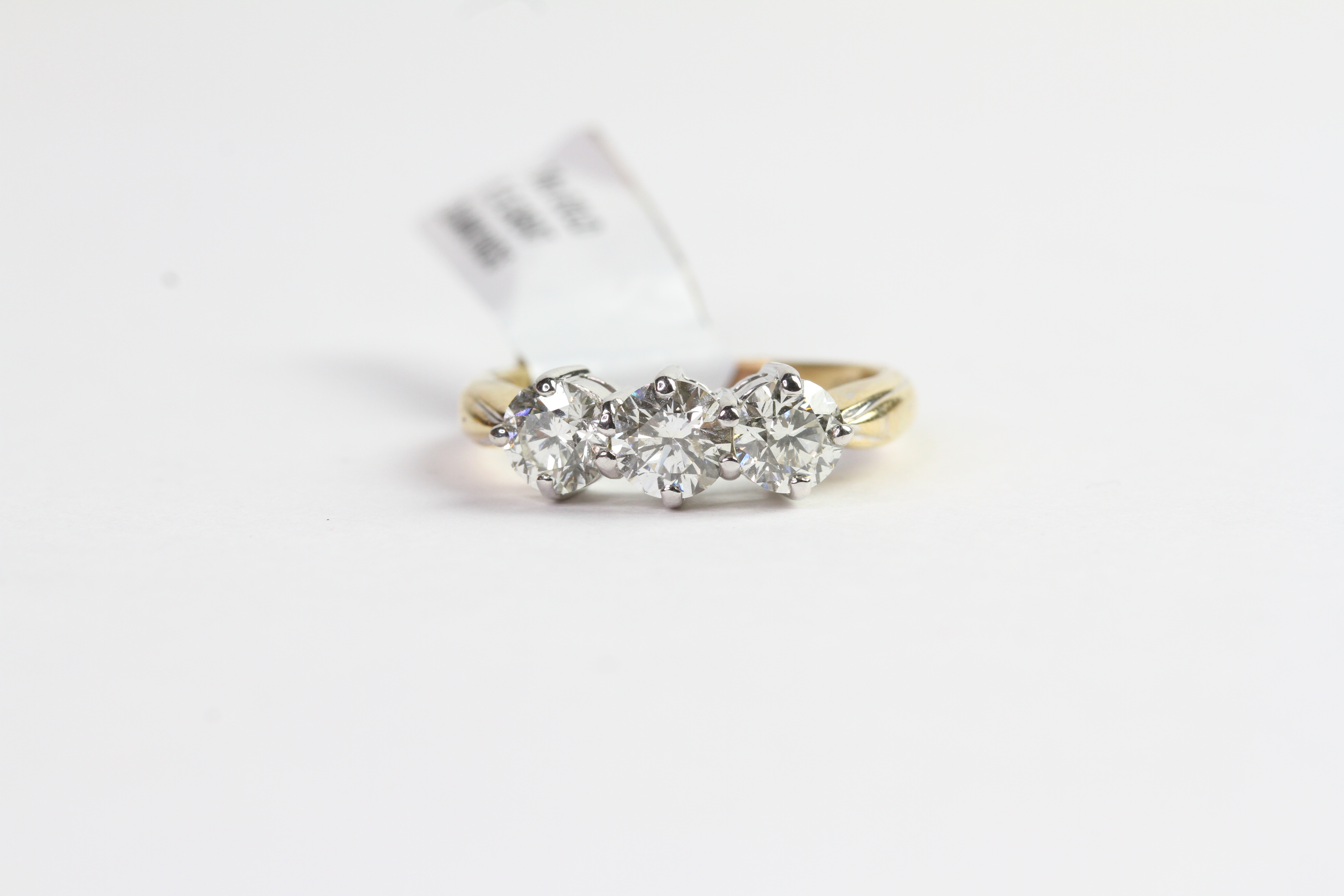 1.33ct Three Stone Diamond Ring, three brilliant cut diamonds estimated 0.42/0.49/0.42ct, tested - Image 2 of 2