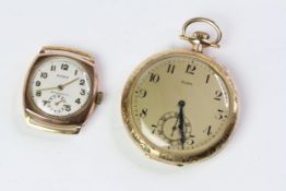 ELGIN 14K POCKET WATCH + G/P DAMAS, Elgin open faced pocket watch, engraved case, side hinged, inner