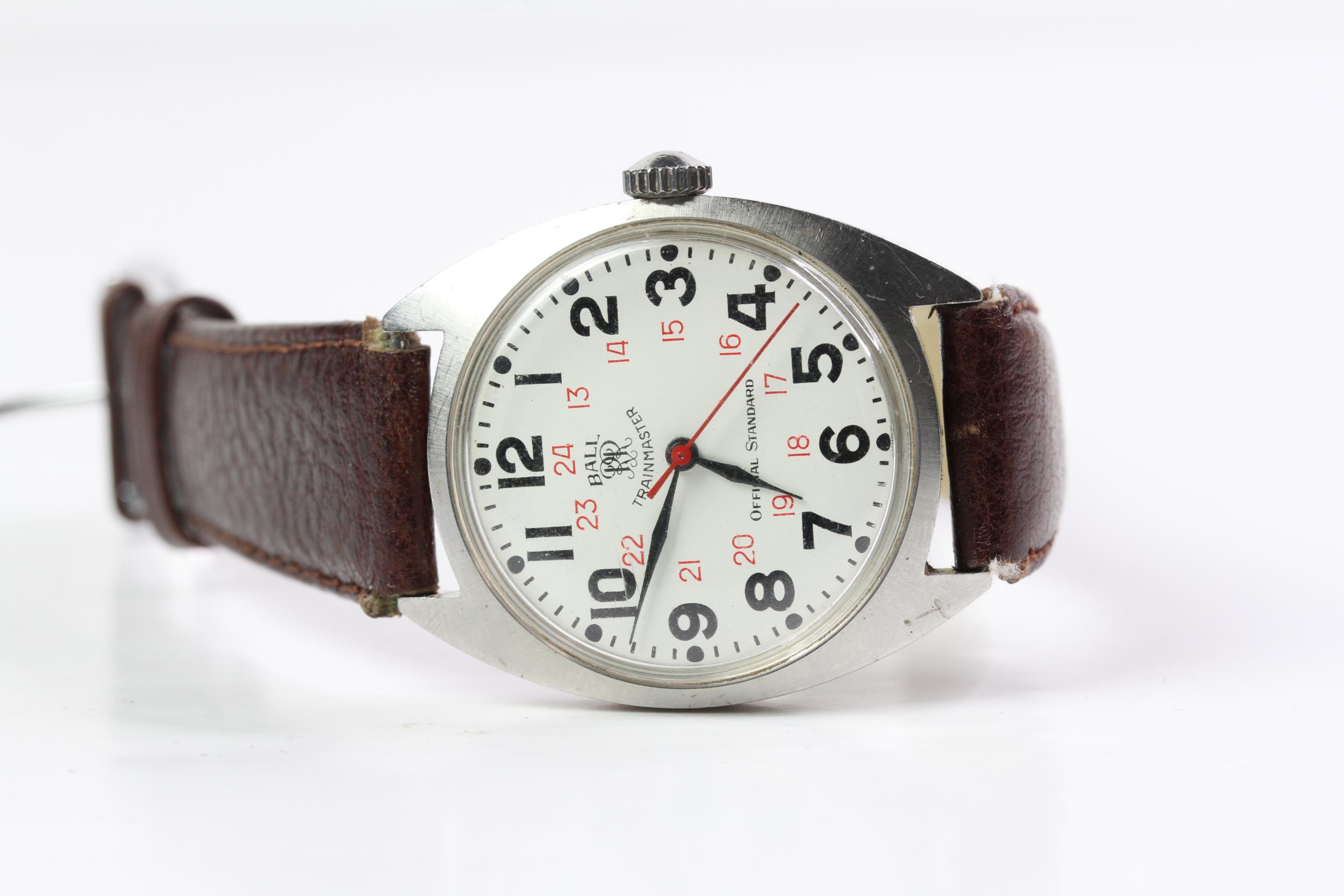 VINTAGE BALL TRAINMASTER , white dial with black Arabic numerals, red inner 24hr Markers, 34mm