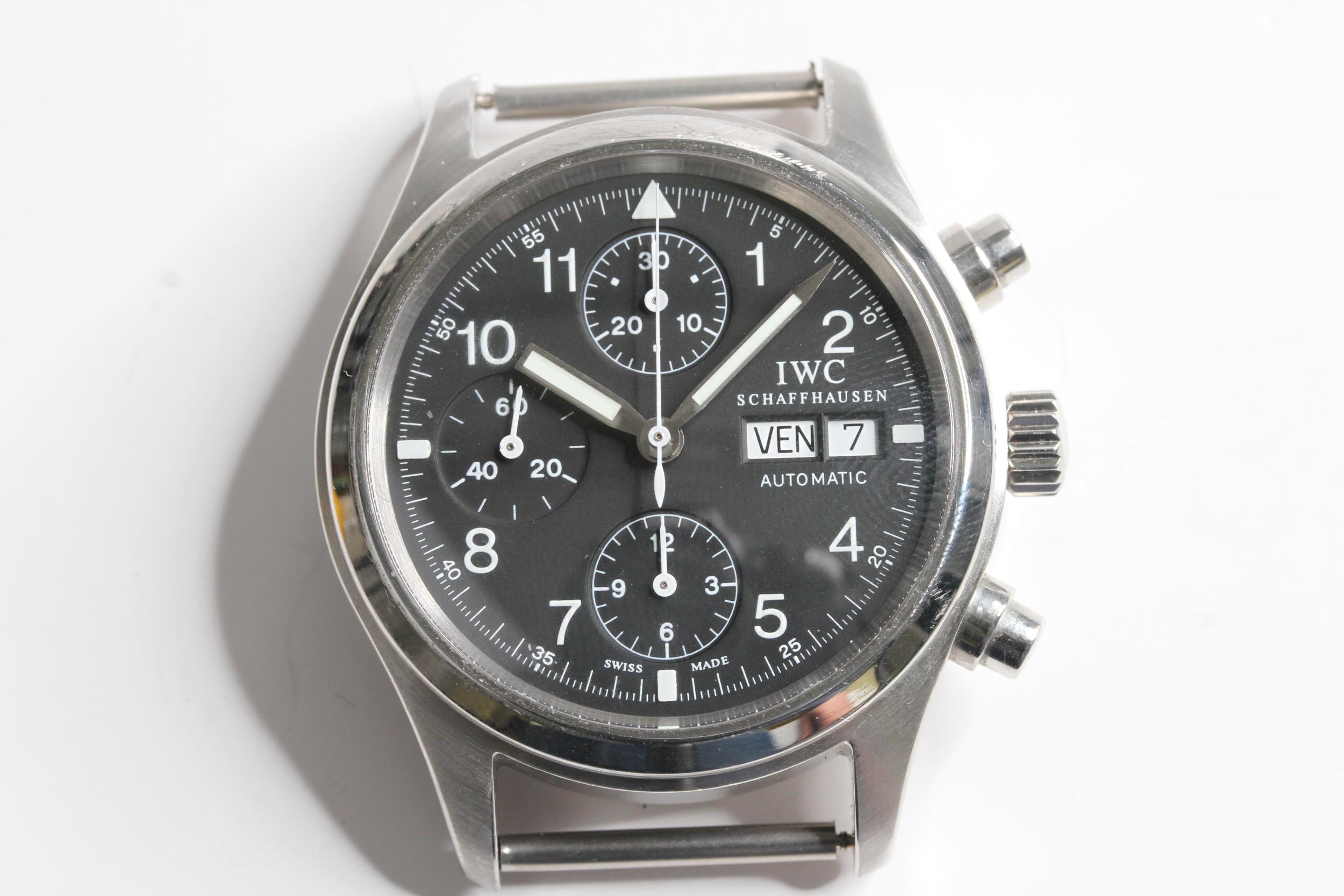 IWC PILOTS CHRONOGRAPH REFERENCE 3706, circular black dial with arabic numeral hour markers, three - Image 2 of 8