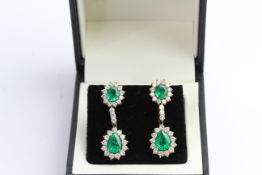 Pair of Emerald 2.95ct and Diamond 1.5ct droop earrings, comes wiht box.