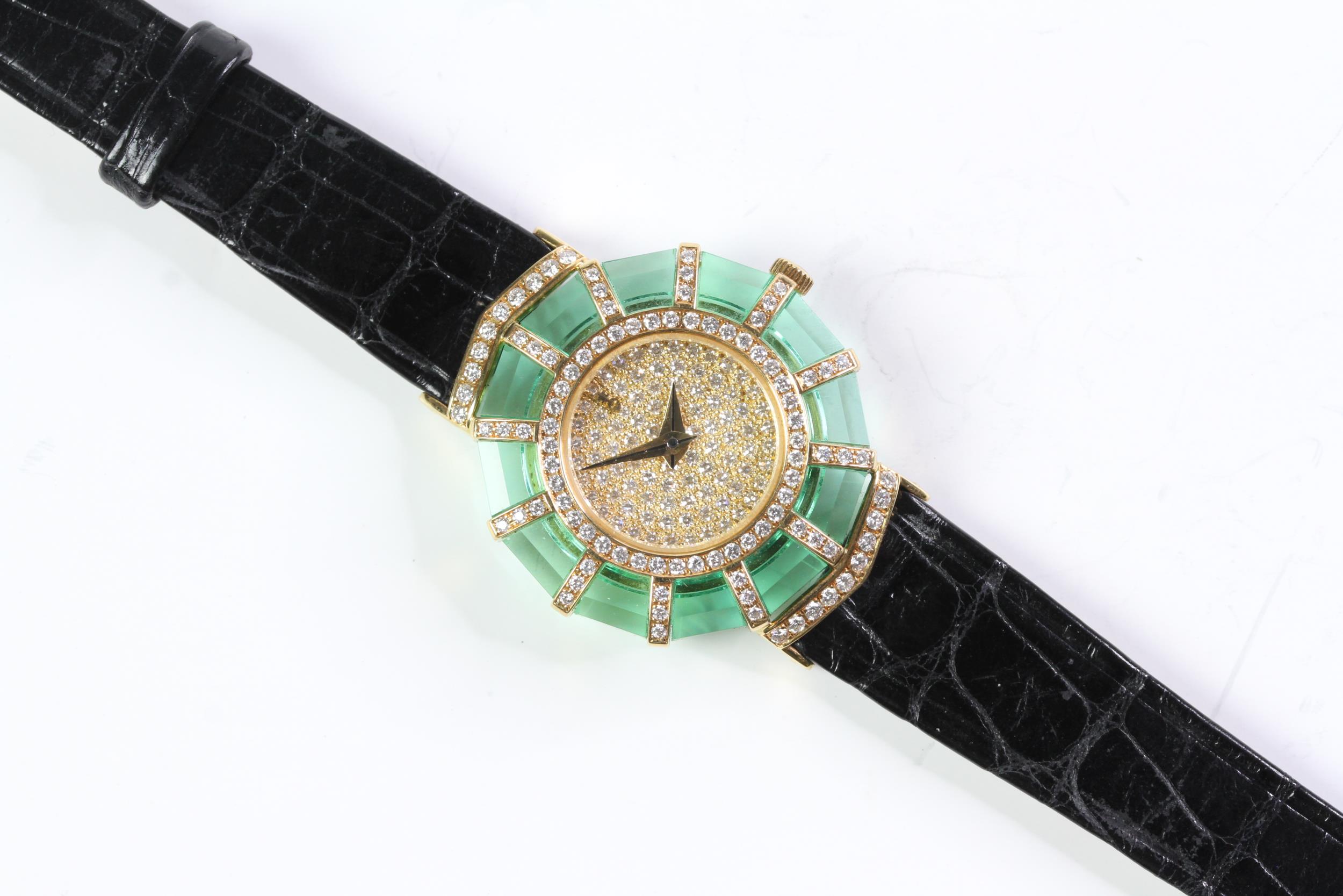 LADIES 18CT DIAMOND AND GREEN CRYSTAL CORUM PRINCESS LIMELIGHT, circular diamond dial, 26mm 18ct