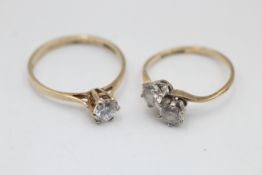 2 x 9ct gold clear gemstone dress rings inc. solitaire & two stone twist setting (2.7g)