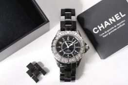 CHANEL J12 CERAMIC WITH RARE FACTORY LARGE DIAMOND BEZEL WITH BOX AND SERVICE PAPERS