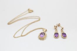 2 x 9ct gold vintage amethyst pendant necklace & drop earrings (3.3g)