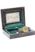 VINTAGE 18CT LE COULTRE WRIST WATCH WITH BOX, circular champagne dial with baton hour markers,