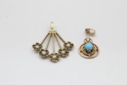 2 x 9ct gold vintage ornate drop pendants inc. pearl & turquoise (2.3g)
