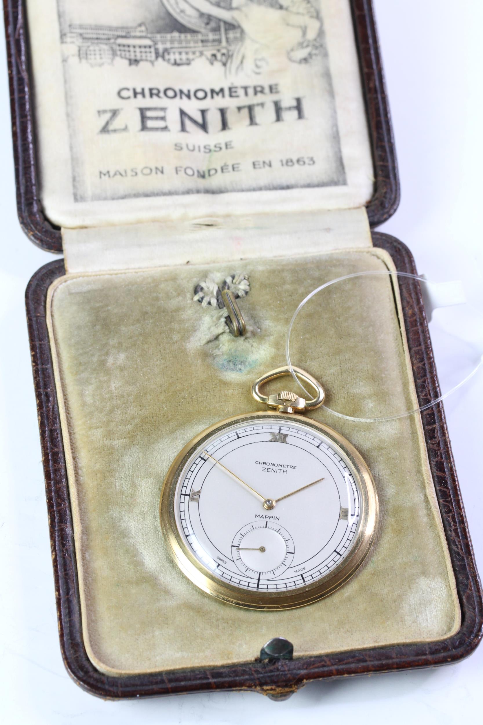 FINE AND RARE 18CT ZENITH MAPPIN DIAL CHRONOMETRE RASOR THIN POCKET WATCH, silvered dial, gold Roman