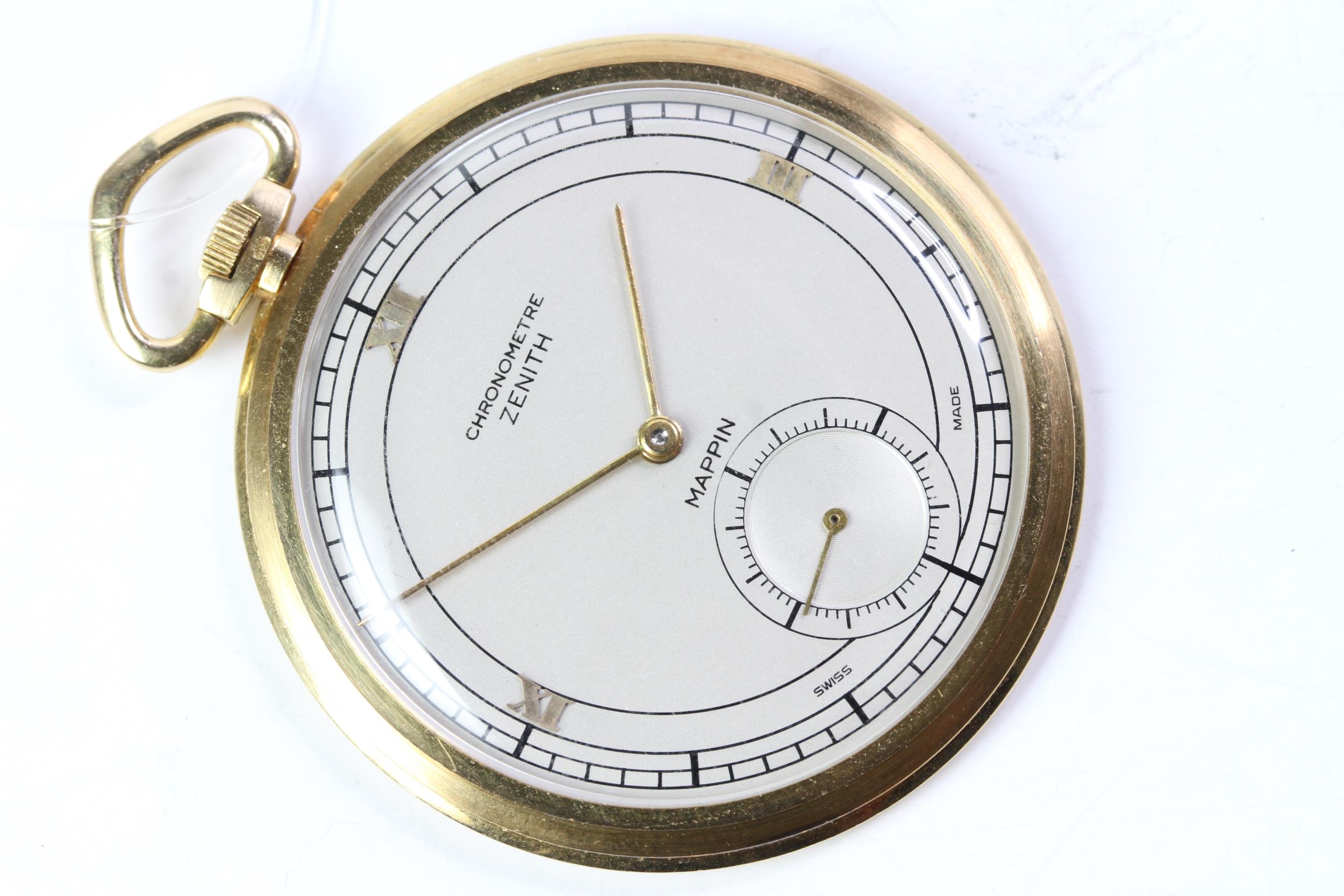 FINE AND RARE 18CT ZENITH MAPPIN DIAL CHRONOMETRE RASOR THIN POCKET WATCH, silvered dial, gold Roman - Image 7 of 7