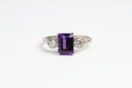 18ct Amethyst and diamond 3 stone ring.