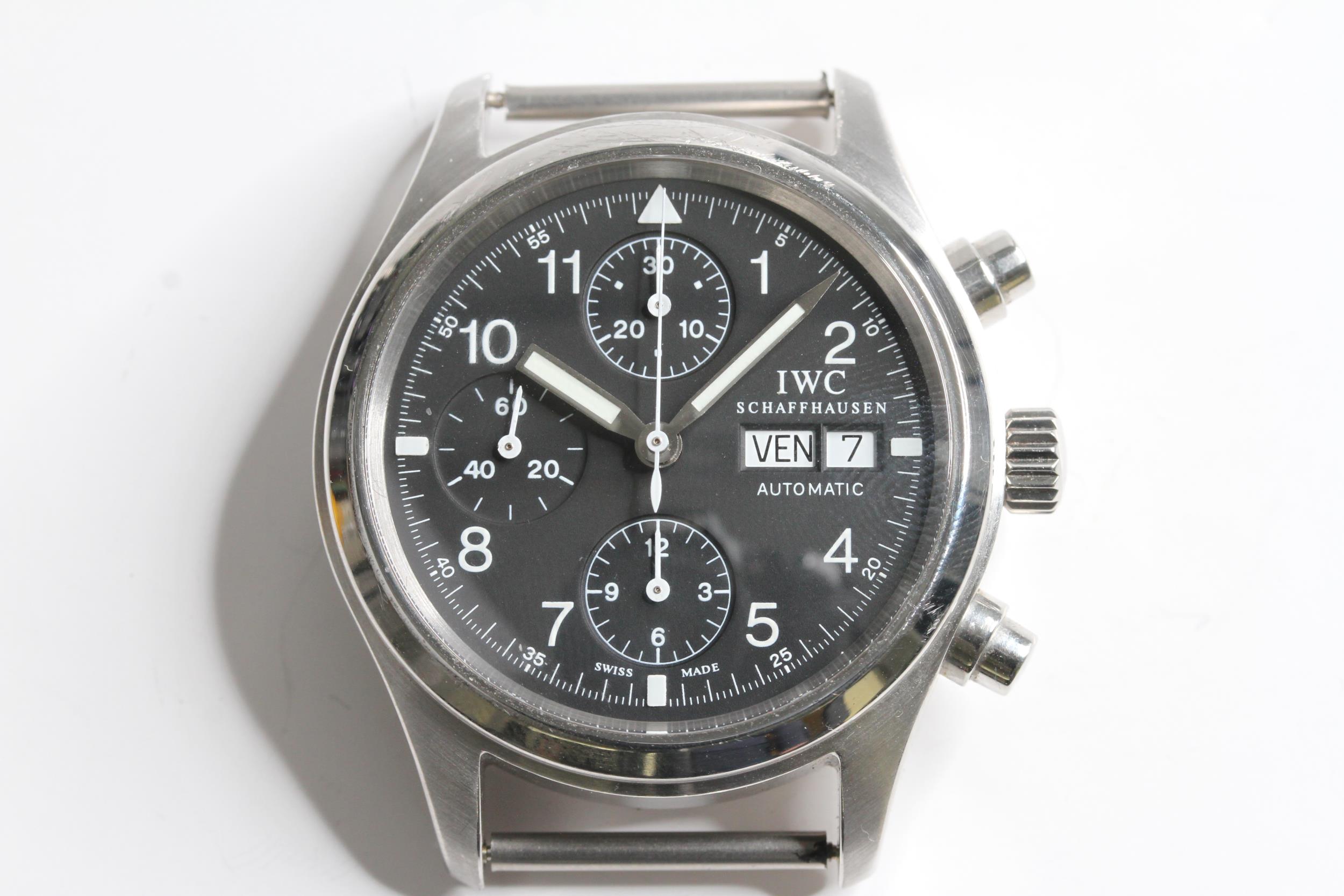 IWC PILOTS CHRONOGRAPH REFERENCE 3706, circular black dial with arabic numeral hour markers, three - Image 3 of 8