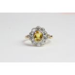 18ct Bezel set oval yellow sapphire and diamond cluster ring with detailed diamond shoulders YS1.