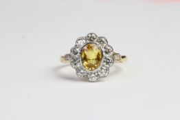 18ct Bezel set oval yellow sapphire and diamond cluster ring with detailed diamond shoulders YS1.