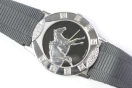 18CT CORUM FOR ASPREY DIAMOND BEZEL WRIST WATCH, black circular dial with two galloping horses,