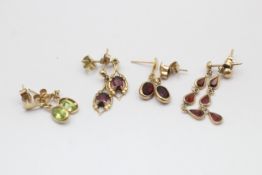 4 x 9ct gold paired gemstone drop earrings inc. garnet & peridot (2.9g)