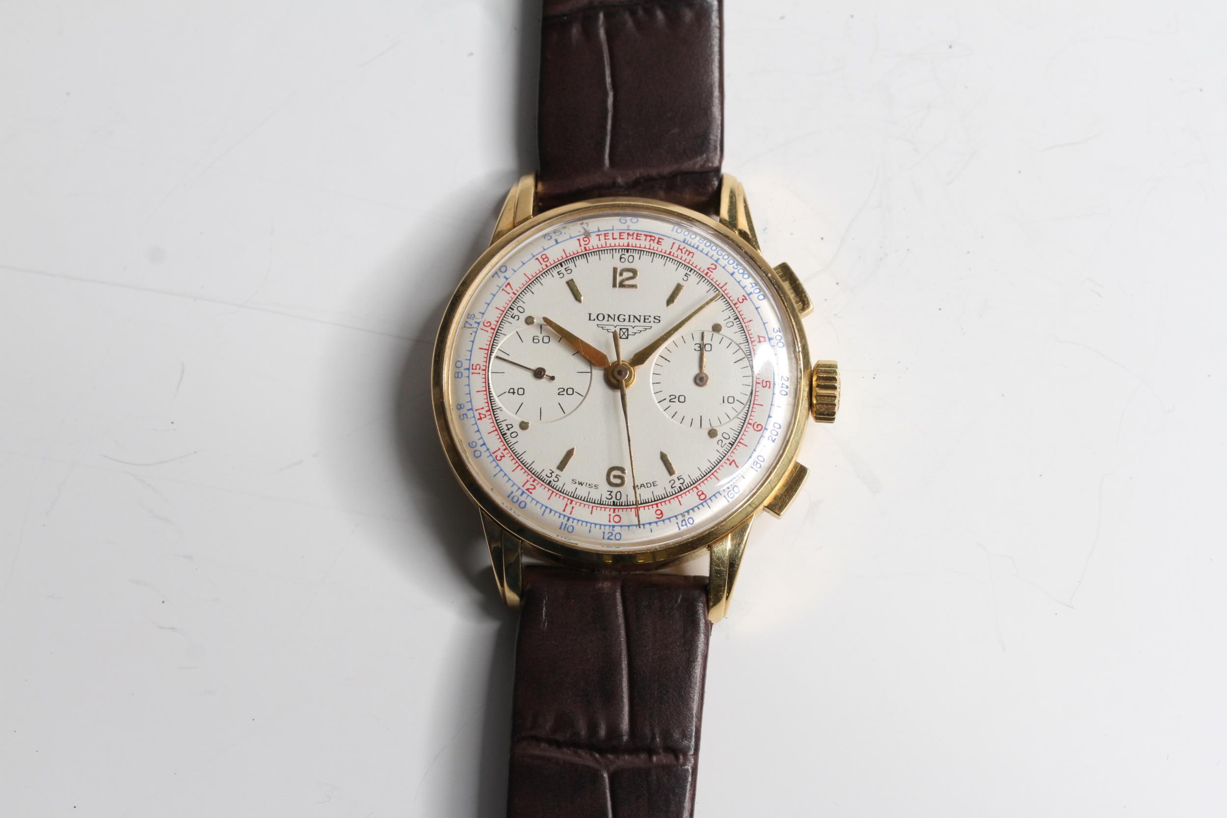 18CT LONGINES CHRONOGRAPH CIRCA 1949, circular white dial with baton and arabic numeral hour - Image 2 of 5