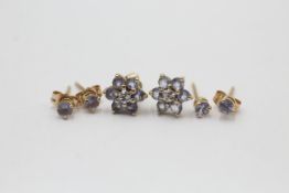 3 x 9ct gold paired tanzanite & diamond stud earrings (1.8g)