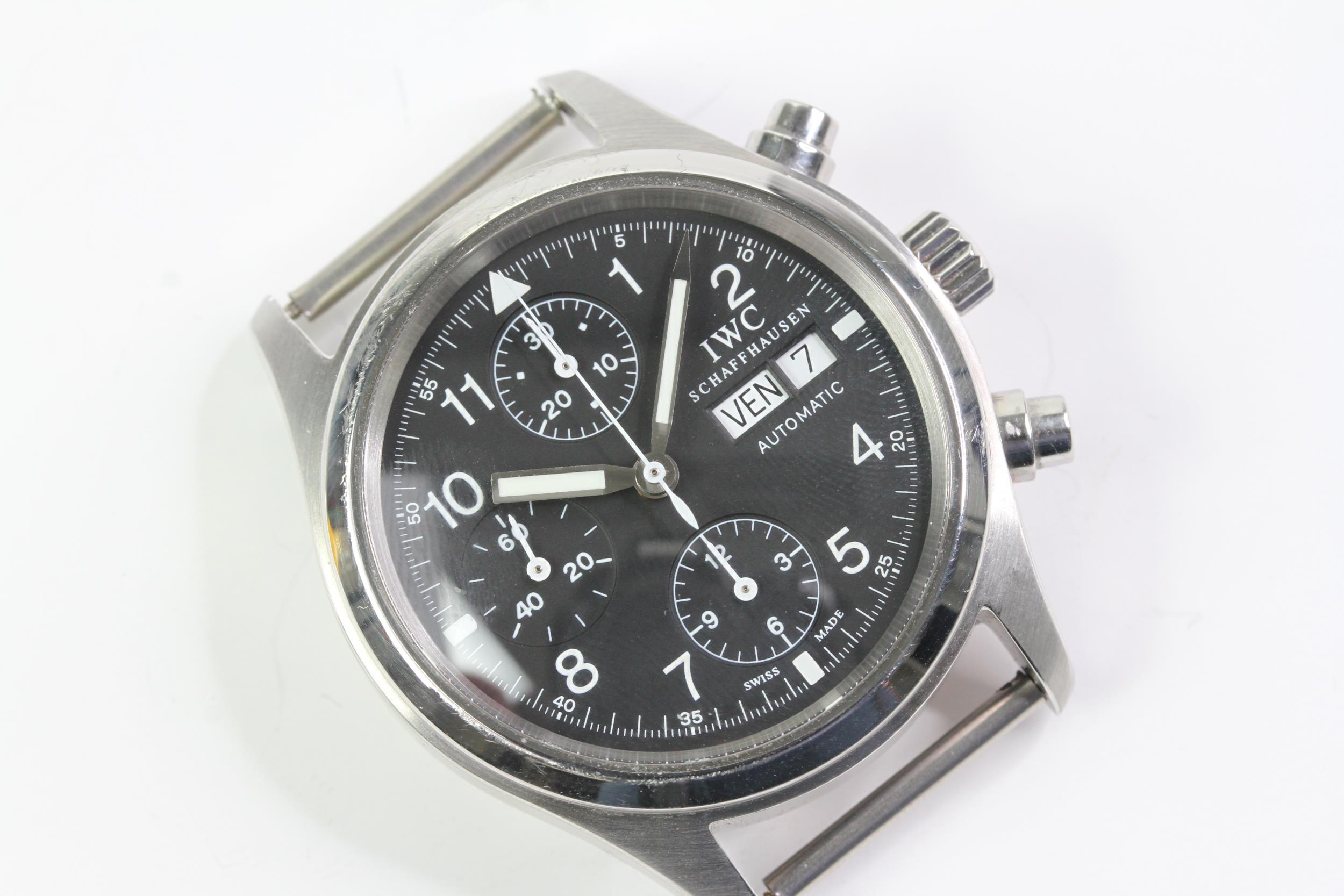 IWC PILOTS CHRONOGRAPH REFERENCE 3706, circular black dial with arabic numeral hour markers, three
