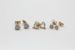3 x 9ct gold paired diamond heart shaped stud earrings (1.7g)