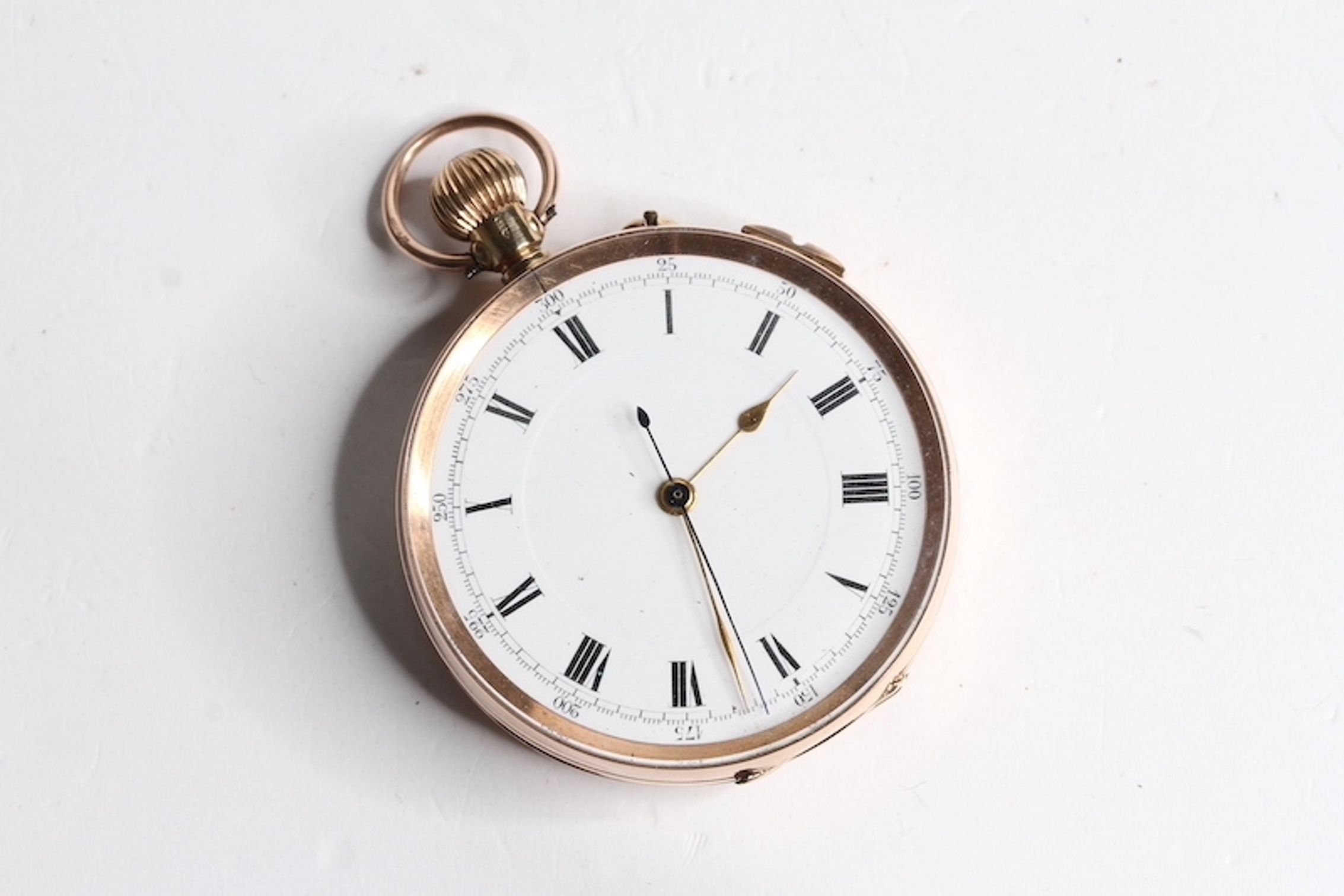 9CT CHRONOGRAPH POCKET WATCH, white dial with roman numerals hour markers, arabic numerals outer