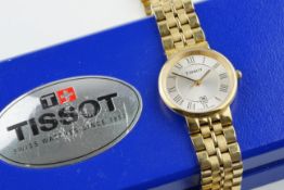 TISSOT DATE T963 DATE QUARTZ WRISTWATCH W/ BOX, circular two tone dial with roman numeral hour