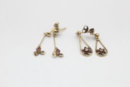 2 x 9ct gemstone drop earrings inc. ruby, garnet & clear gemstone (1.8g)