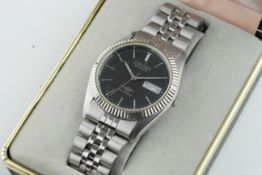 CITIZEN AUTOMATIC DAY DATE WRISTWATCH W/ BOX, circular black dial with hour markers and hands,