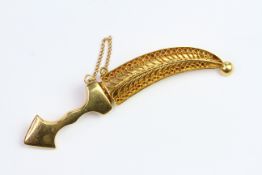 Yellow gold Dagger Brooch, tested as approximately 14ct or higher, 8.1g