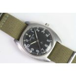 HAMILTON MILITARY W10 WATCH 1979, black dial with Arabic numerals, outer minute track, crows foot