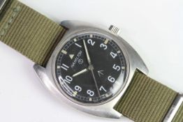 HAMILTON MILITARY W10 WATCH 1979, black dial with Arabic numerals, outer minute track, crows foot