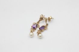 9ct gold faux pearl & amethyst drop earrings (1.1g)