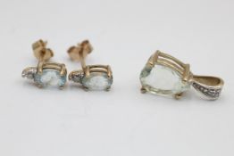 2 x 9ct gemstone set pendant & stud earrings inc. topaz, prasiolite & diamond (1.9g)