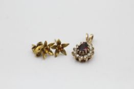 2 x 9ct gold vintage gemstone halo pendant & floral earrings inc. garnet, paste & clear gemstone (