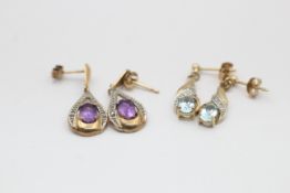 2 x 9ct gold paired gemstone drop earrings inc. topaz, amethyst & diamond (3.7g)