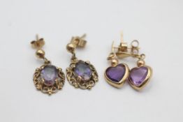 2 x 9ct gold paired gemstone drop earrings inc. amethyst & mystic topaz (2.3g)
