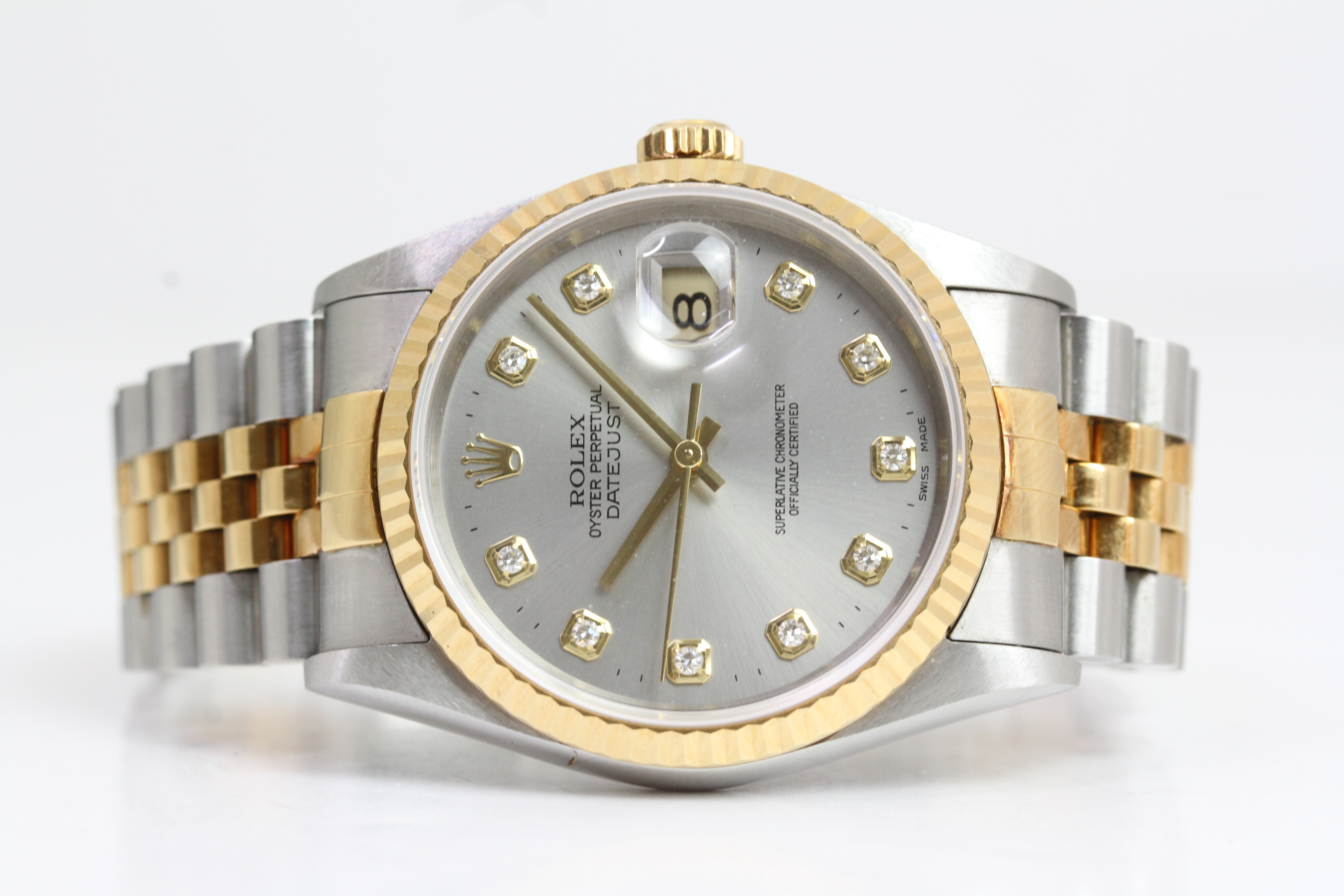 ROLEX DATEJUST STEEL AND GOLD 16233 BOX AND PAPERS 1994, circular sunburst silver dial with - Image 2 of 3