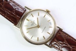 VINTAGE 9CT ZENITH 2600 AUTOMATIC WRIST WATCH, circular silver dial with baton hour markers, date