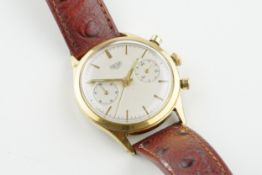 HEUER GOLD PLATED CHRONOGRAPH, circular twin register dial with applied gold hour markers and hands,