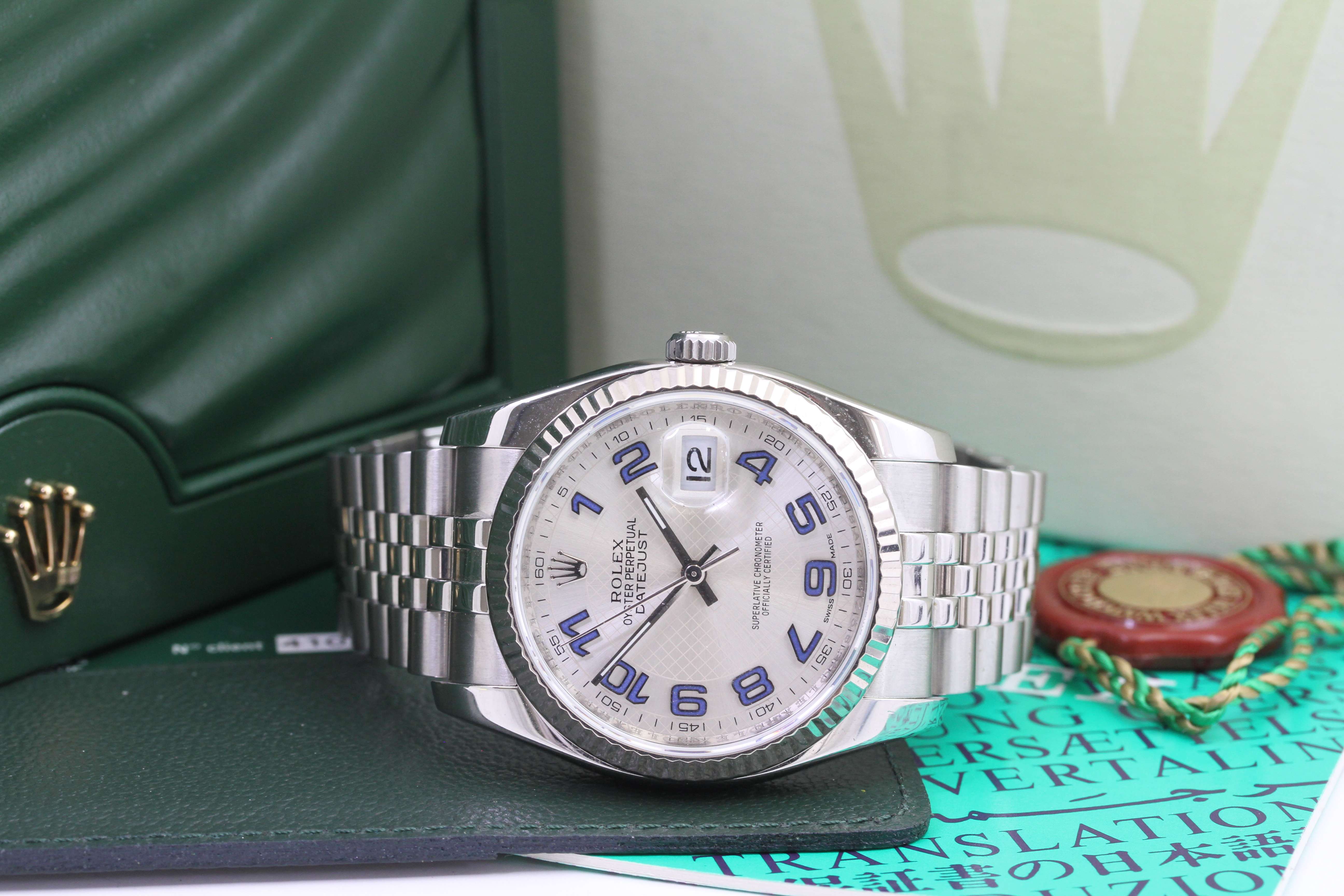 ROLEX DATEJUST ARABIC DIAL FULL SET 116234, circular silvered dial with blue Arabic numerals,