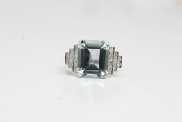 Platinum Aquamarine and diamond step set ring. AQ5 cts /D0.50 cts (3 steps 18 diamonds)