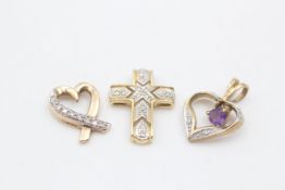 3 x 9ct gold diamond set pendants inc. amethyst heart & cross (3.2g)