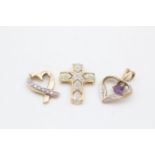 3 x 9ct gold diamond set pendants inc. amethyst heart & cross (3.2g)