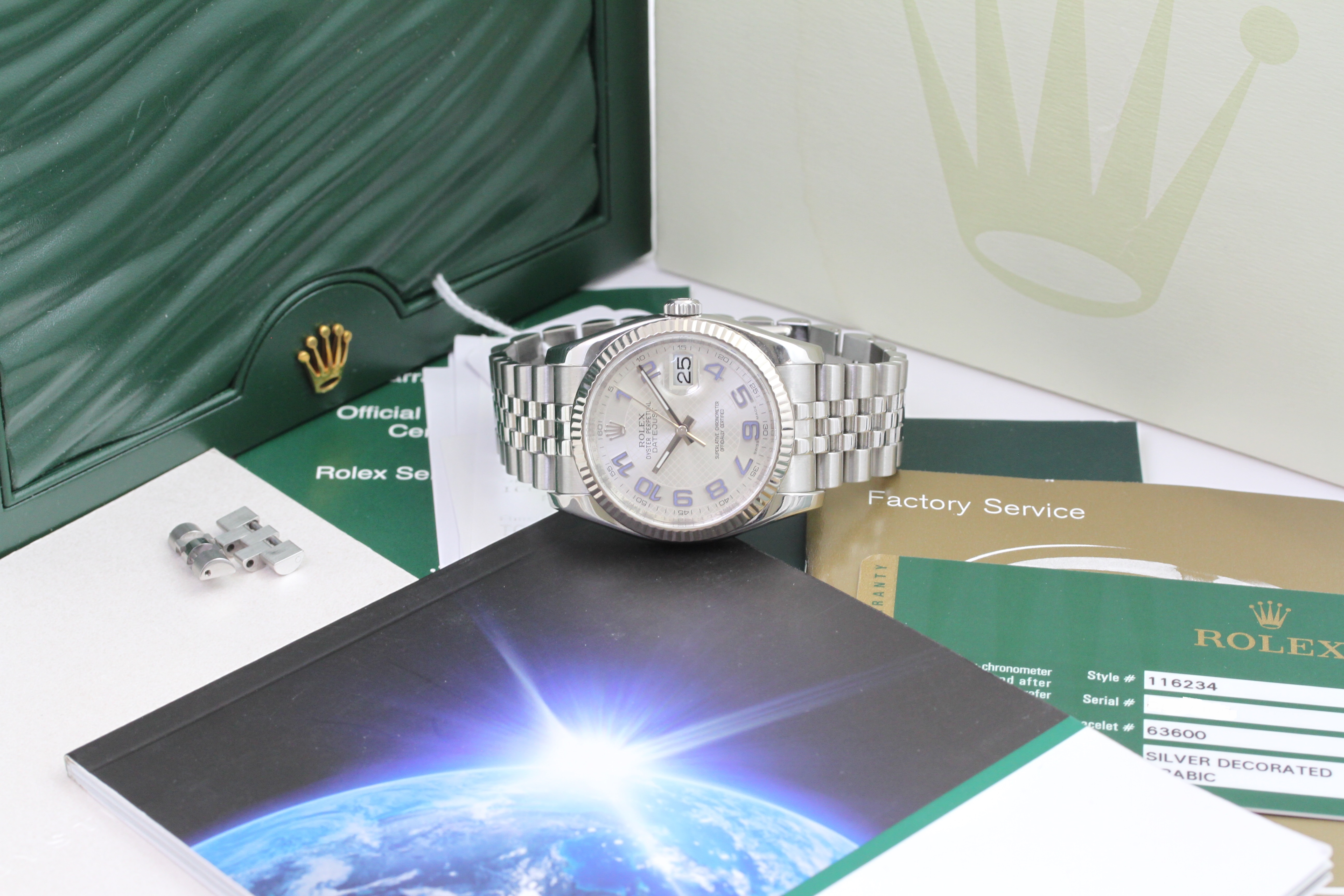 ROLEX DATEJUST ARABIC DIAL FULL SET 116234, circular silvered dial with blue Arabic numerals, - Image 2 of 2