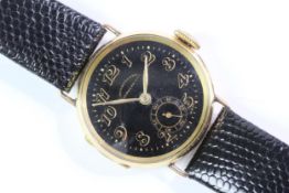 18ct gold Eberhard Chronometer, 25mm Gold case with snap on caseback stamped K18, black enamel dial,