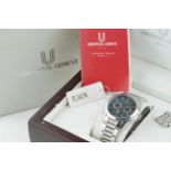 GENTLEMENS UNIVERSAL GENEVE OKEANOS MOON TIMER TRIPLE-CALENDAR AUTOMATIC WRISTWATCH W/ BOX & TAGS