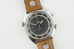 RARE OMEGA CHRONOSTOP SEAMASTER WRISTWATCH, circular black dial with stick hour markers and hands,